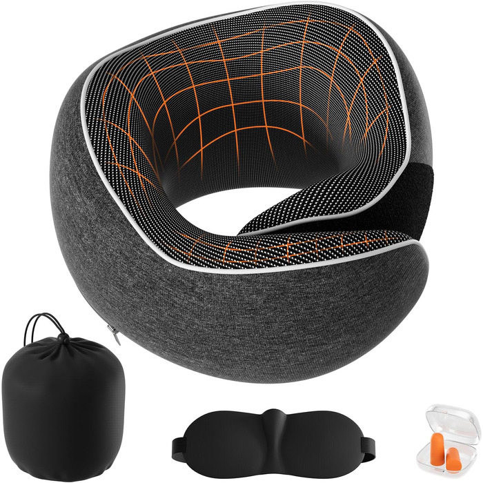 Подушка для шиї у подорожах: Memory Foam, регульована, з навушниками та маскою для сну (темно-сірий)