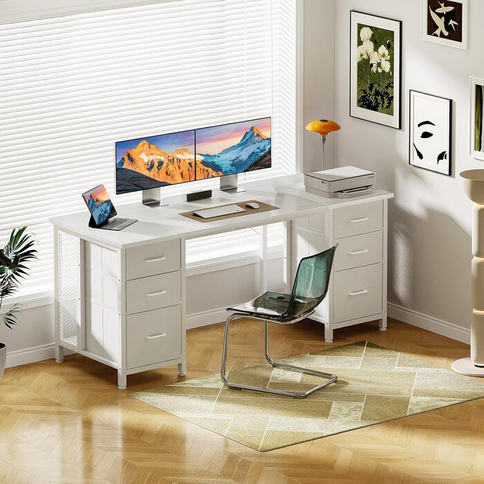 Комп'ютерний стіл Coleshome з 6 шухлядами 160x52 см, білий для дому та офісу