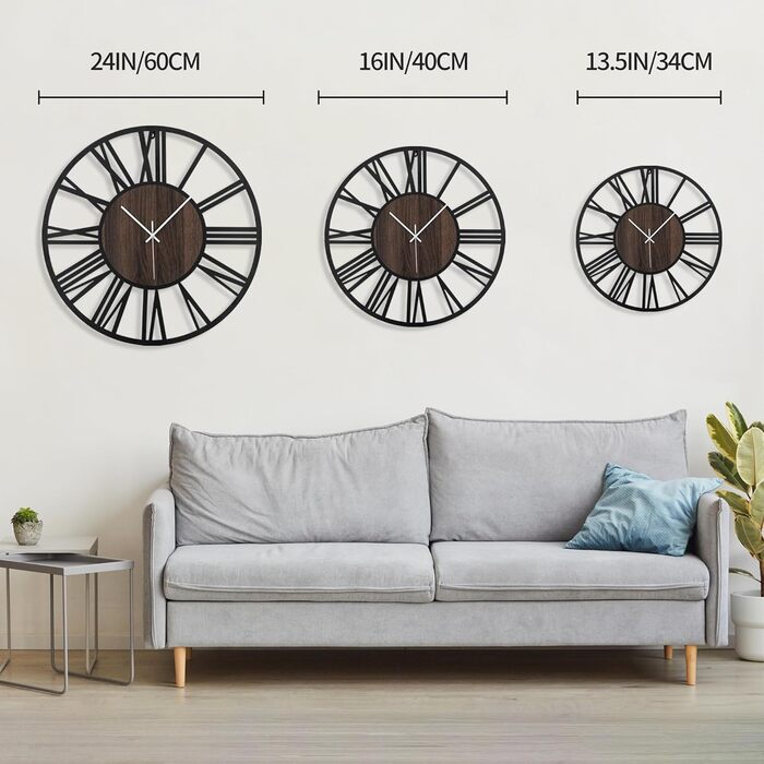 HAITANG Round Wall Clock, Black, 34 cm, for Living Room, Decoration, Vintage Style, Roman Numerals, Silent, Non-Ticking, Wall Clocks for Home, Garden, Office, Cafe Decoration (33 cm, Black)