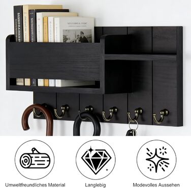 Дерев'яне ключниця з полицею, органайзер для ключів на 6 гачків, декоративна полиця для ключів з 4 шурупами для прихожої, входу, спальні