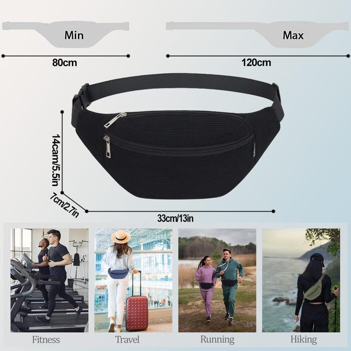 Поясна сумка через плече для чоловіків та жінок, стильна, 3 відділення на блискавці, для подорожей та активного відпочинку (Чорна)