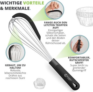 Віскер Oliver's Kitchen® з нержавіючої сталі з інтегрованим силіконовим скребком - ідеальний для випічки та приготування їжі. Спіральний віскер, зручна ручка, легко миється.