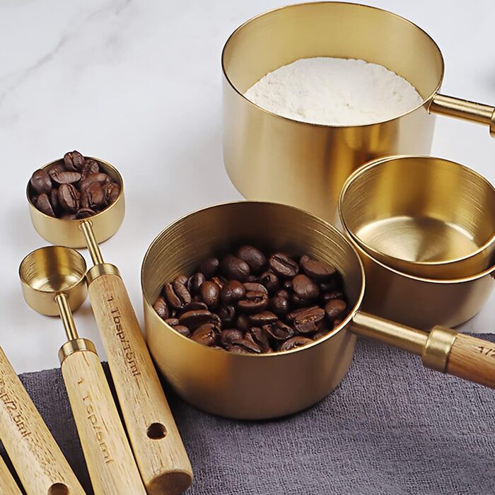 Dadamong 8-Piece Measuring Cup Set with Gold-Colored Stainless Steel Measuring Cups and Spoons, Ideal for Cooking and Baking