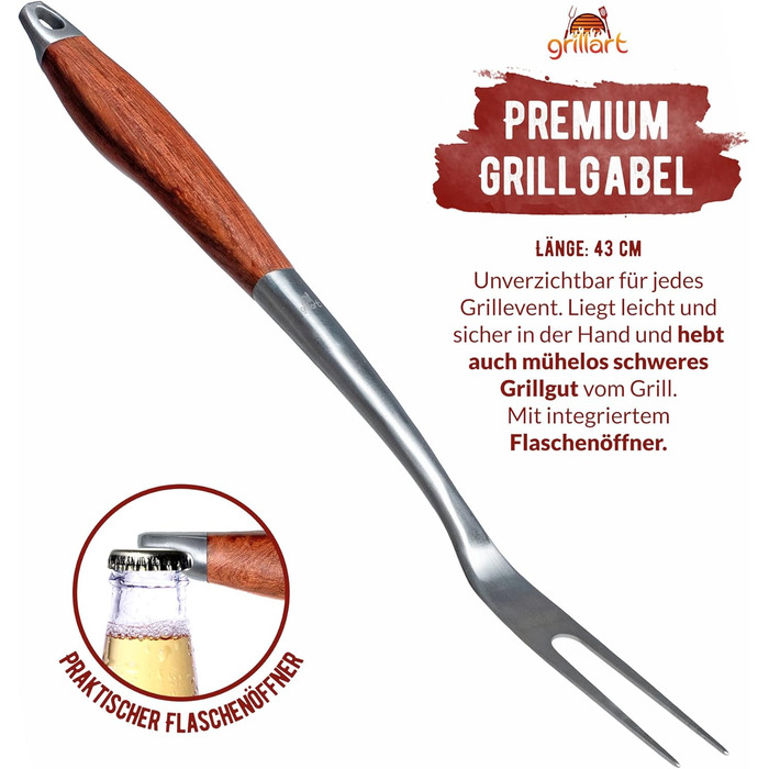 Набір гриль-посуду Grillart® Premium: 3 предмети з нержавіючої сталі та дерев'яними ручками (щипці, лопатка, виделка)