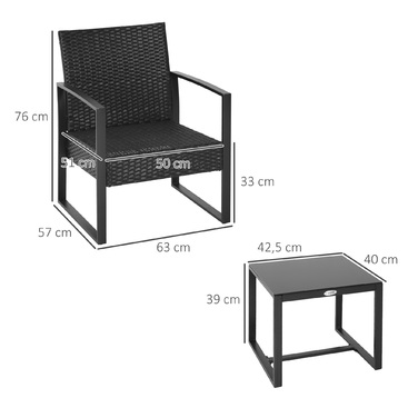 Набір садових меблів Outsunny з ротангу Polyrattan на 2 особи, меблі для балкона з подушками, чорного кольору, стійкі до погодних умов та сучасного дизайну для тераси та саду