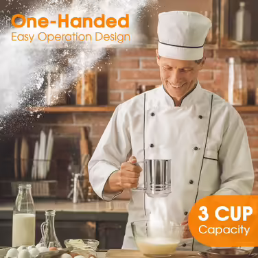 Flour Sifter, 3 Cups, Stainless Steel, Great double-layer sifter for all baking flour and powdered sugar, Flour Sifter