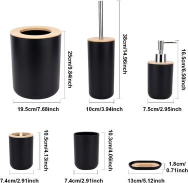 Bathroom Accessories Set - 6Pcs Bathroom Accessories Set made of Bamboo, Lotion Bottles, Toothbrush Holder, Tooth Cup, Soap Dish, Toilet Brush, Trash Can (Set of 6)