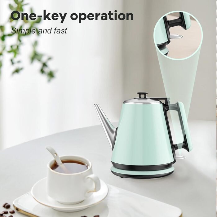 Електричний чайник 0.9л з нержавіючої сталі 304, 1360W, швидке кип'ятіння за 4-6 хвилин, класичний компактний дизайн, сенсорна кнопка, автоматичне відключення та захист від перегріву, для дому, офісу, для кави, зелений