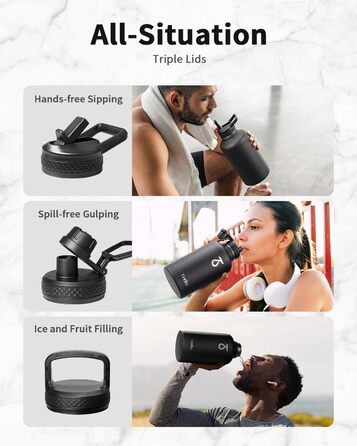 Trebo Thermos Flask with Straw 2L, Stainless Steel Water Bottle with Paracord Handle & 3 Lids, Stainless Steel Wide Mouth Drinking Bottle Large Sports Bottle Keeps Drinks Cold for 48 Hours, Black