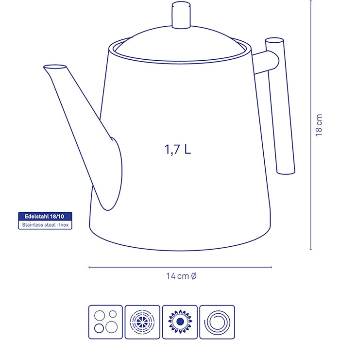 Kela Teapot with infuser, stainless steel teapot 1.7 l ANCONA, teapot for loose leaf tea and tea bags, tea maker, silver