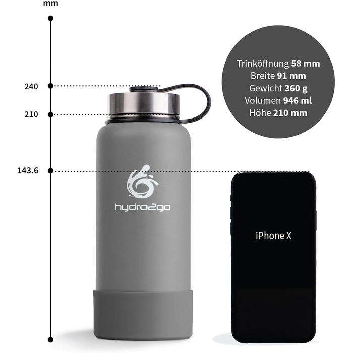 Термофляга Hydro2Go Edelstahl X-AlpsBottle 1000 мл, сіра, з 3 кришками, вакуумна ізоляція