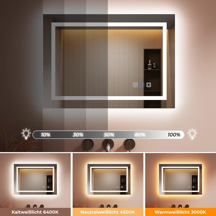 Дзеркало для ванної кімнати з підсвічуванням 60x50x3,5 см, LED, 6400K, біле світло, економія енергії, вертикальне/горизонтальне кріплення, антизапар, 3 колірні температури