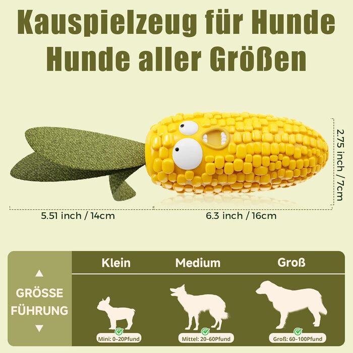 HETOO Dog Toy, indestructible, robust, squeaky, chew toy for aggressive chewers, large and medium dog breeds, dental care (Large, Corn Yellow)