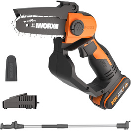 WORX акумуляторна міні-піла 18V (20V MAX) WG324E.1, PowerShare, 12 см шина, антивібраційна, легка та портативна, подовжувач, 1 акумулятор та зарядний пристрій в комплекті