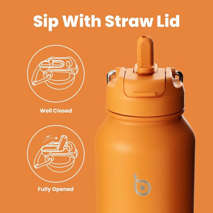 BOTTLE BOTTLE Insulated Water Bottle with Straw, Sport Stainless Steel Water Bottle with Grip Lid, Outdoor Sports Bottle for Pills, 1l (White) (Orange)