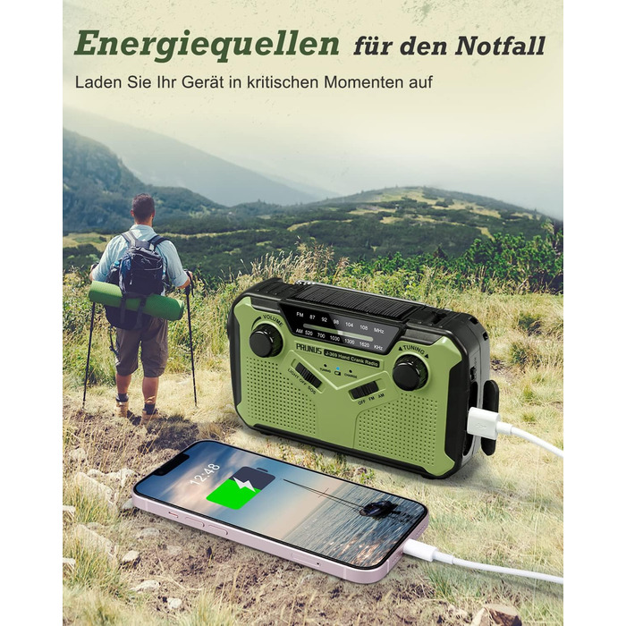 Радіо PRUNUS J-369: FM/AM, з ручним заводом, сонячна панель, Power Bank 3000mAh, SOS-сигнал, ліхтарик для кемпінгу та надзвичайних ситуацій (зелене)