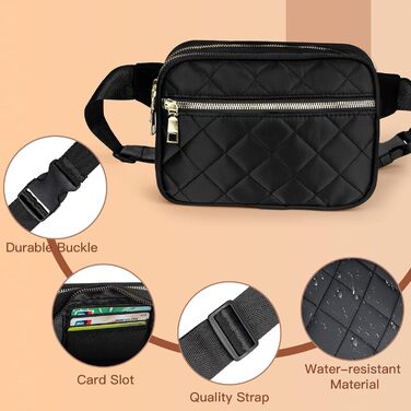 Жіноча бананка Jueachy, сумка через плече, поясна сумка, водонепроникна, чорна, ромбовий візерунок, 4 кишені на блискавці, для активного відпочинку, подорожей, фестивалів