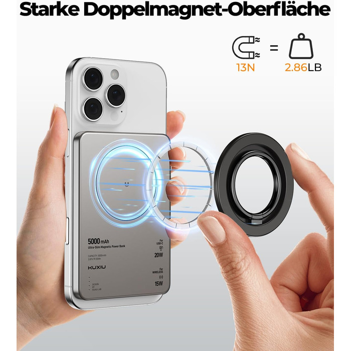 Power Bank KU XIU Magsafe 5000mAh: Тонкий, з підтримкою MagSafe, з кільцем для кріплення, PD 20W, для iPhone 17/16/15/14/13/12 (Титан)