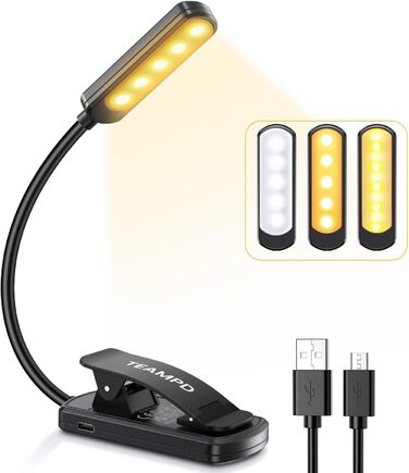 LED лампа для читання TEAMPD з кліпсою, 10 світлодіодів, 3 режими колірної температури, регульована яскравість, захист очей, USB-зарядка, гнучкий світильник для читання в ліжку, у подорожі, чорний