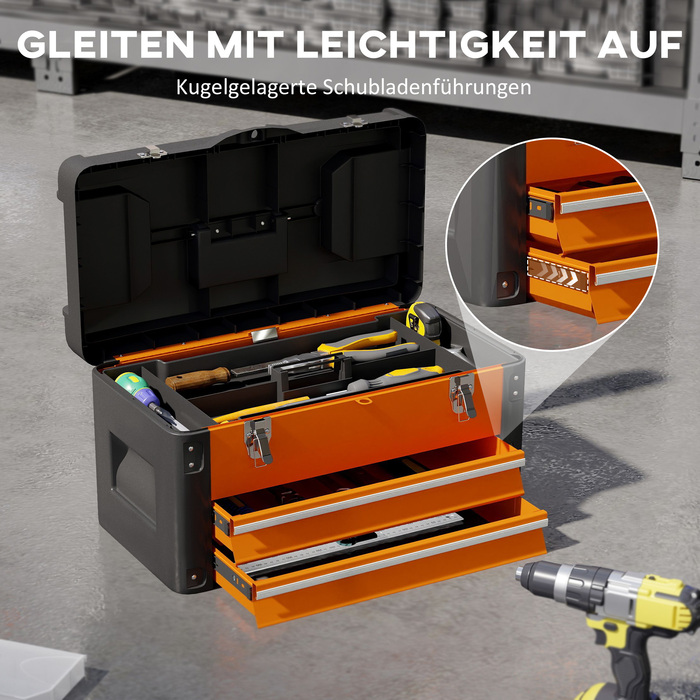 HOMCOM Empty Tool Box, 49.7 x 25.3 x 28.9 cm Tool Case with Drawer, Mini Box, Upper Storage Compartment, Handle, Steel Tool Case, Orange | Aosom