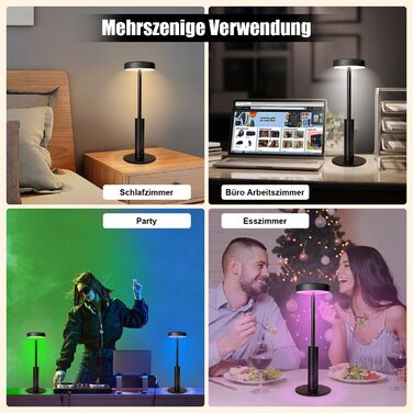 LED-лампа настільна бездротова, акумуляторна, 3 кольори, RGB, регульована яскравість, сенсорне керування, чорна. Підходить для вітальні, спальні, ресторану, вечірки, кав'ярні.