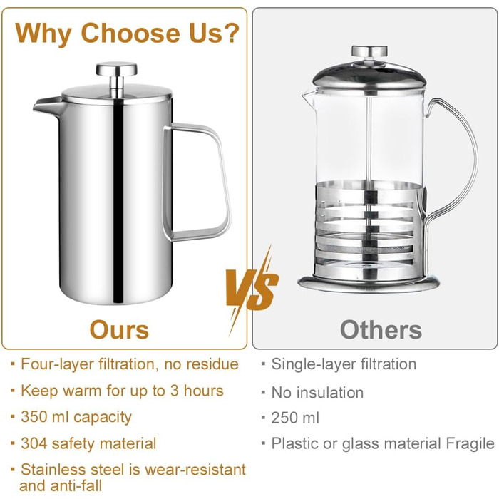 Френч-прес HOTUT 350 мл з нержавіючої сталі, термокава, для дому, подорожей, кемпінгу