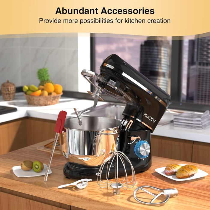Кухонний комбайн-міксер 1500W з чашею з нержавіючої сталі 7Л, планетарний міксер для тіста з 6 швидкостями та набором насадок (гак, вінчик, міксер), чорний