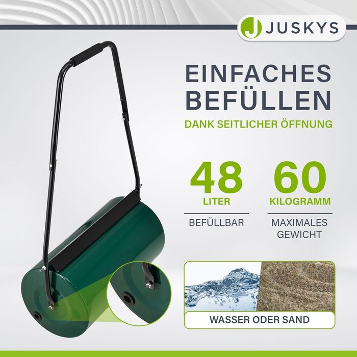 Ручний каток для газону Juskys Fritz 60 см, 48 л/60 кг, наповнюється водою або піском, з брудозахисником і ручкою, садовий каток для вирівнювання газону