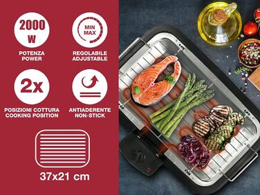 BEPER Electric Grill with Glass Lid - Coated Grill Plate, Stainless Steel, Black (2000W)