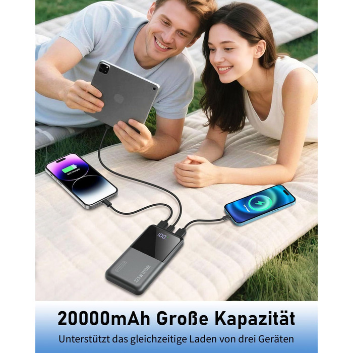 Портативний зарядний акумулятор Power Bank 20000mAh з швидкою зарядкою 22.5W, LCD дисплеєм, 1 USB-C та 2 USB-A, для iPhone 17/16/15/14/13 та смартфонів, чорний