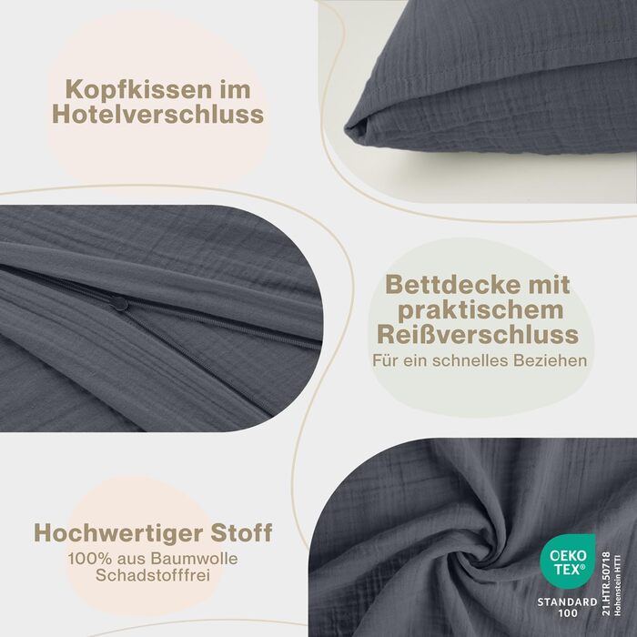 Бетлічна постільна білизна Laleni з бавовняного мусліну 80x80 + наволочка 35x40 см - комплект сертифікований Oeko-TEX для літа (Антрацит, 135x200 см, 80x80 см)
