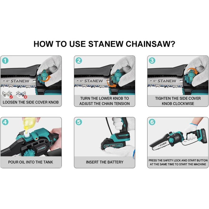 Міні-бензопила STANEW з 2 акумуляторами 2000mAh та зарядним пристроєм, 6 та 8 дюймів, 600W безщітковий двигун, для догляду за садом, обрізки дерев та роботи з деревом. Стандартна комплектація