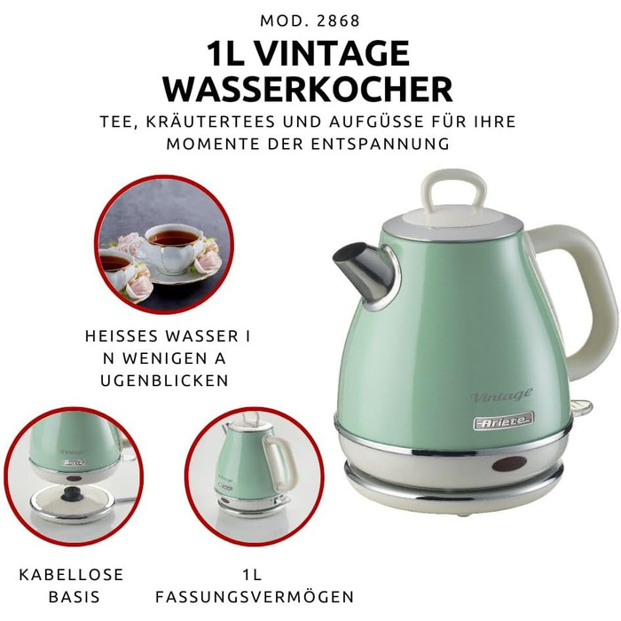 Електричний чайник Ariete Vintage 2868, Бежевий, 1 л, 1600W, з нержавіючої сталі, Retro дизайн, бездротовий, з автовимкненням