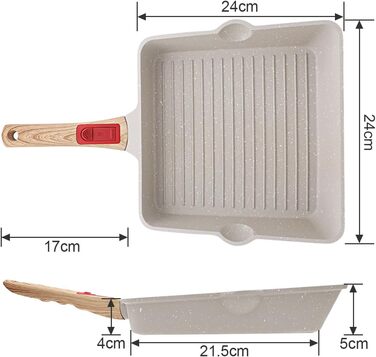 Сковорідка гриль 24x24 см з знімною ручкою, алюмінієва антипригарна сковорода для стейків, підходить для посудомийної машини та духовки (біла) 24 см