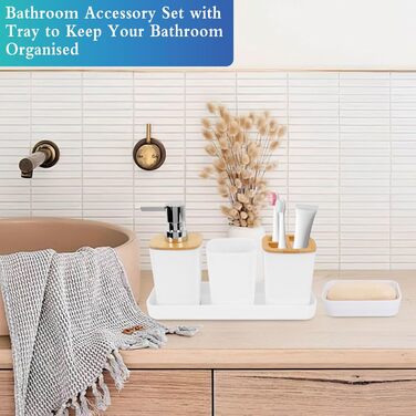 Набір аксесуарів для ванної кімнати з бамбука, 7 предметів: сміттєвий бак, дозатор мила, стакан для ополіскування, мильниця, тримач для зубних щіток, тримач для унітазу, піднос для косметики