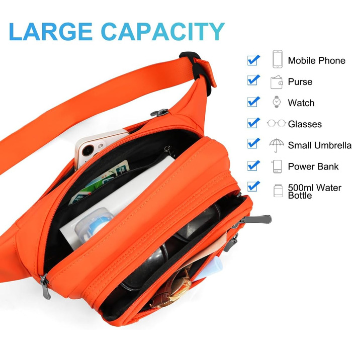 Чоловіча та жіноча поясна сумка-бананка з дощовиком, велика, з нейлону, 5 відділень на блискавці, для подорожей, спорту, прогулянок з собакою (Оранжева)