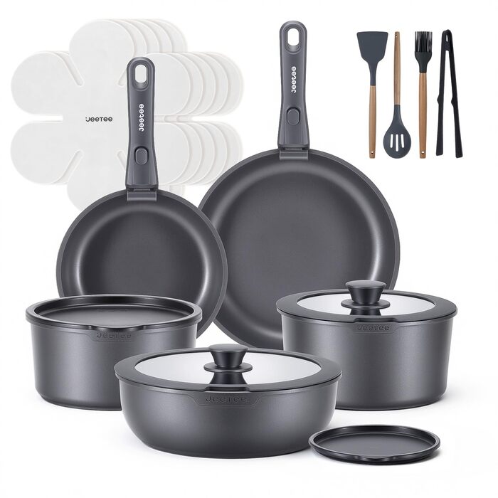 Набір посуду JEETEE 20 предметів з антипригарним титановим покриттям та знімною ручкою, для індукційних плит, з кришками, сірий