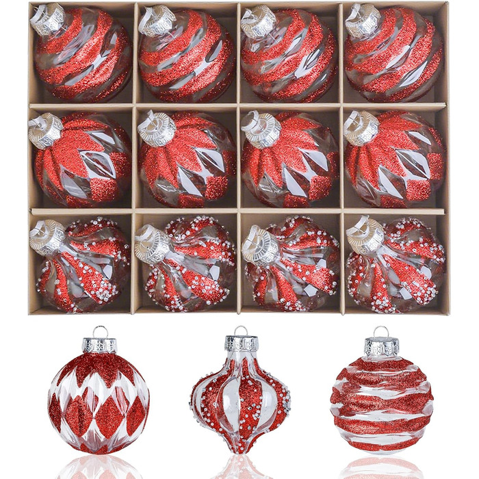 Набір ялинкових прикрас 30 шт. 6см, пластикові кулі, темно-синій та білий, ялинкові кулі для декору, набір прикрас для ялинки, 30 шт. (12 шт. 8см, прозорі та червоні)