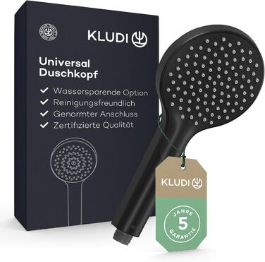 KLUDI-X3 Universal Shower Head with Hose, Shower Spray optional water-saving with 3 Spray Patterns (Body, Hair, Skin), easy-to-clean shower head Ø 11.7 cm, shower hose 1.60 m (1 spray pattern, Matte Black)