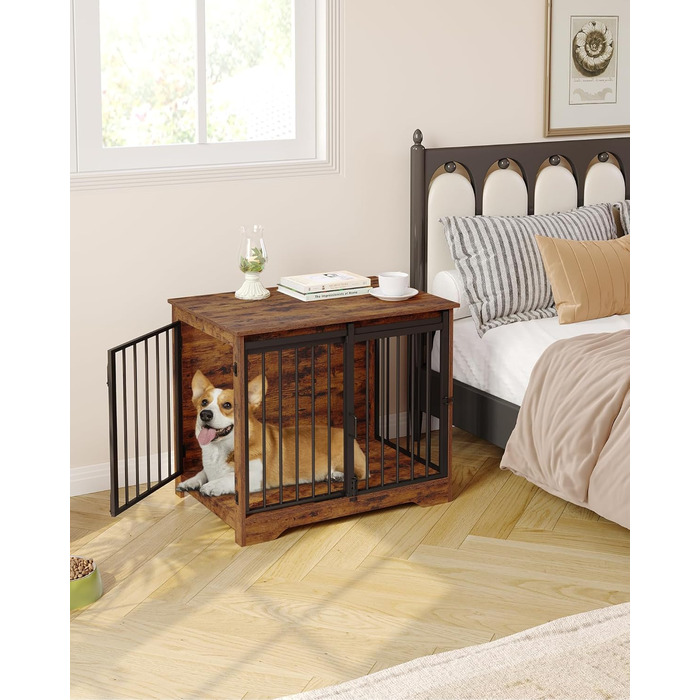 Hzuaneri Modern Wooden Dog Crate Furniture - Indoor Dog Box with Sliding Doors for Small/Medium Dogs - 81cm Height, 55x81x67.5cm, Vintage Brown DFC83601B