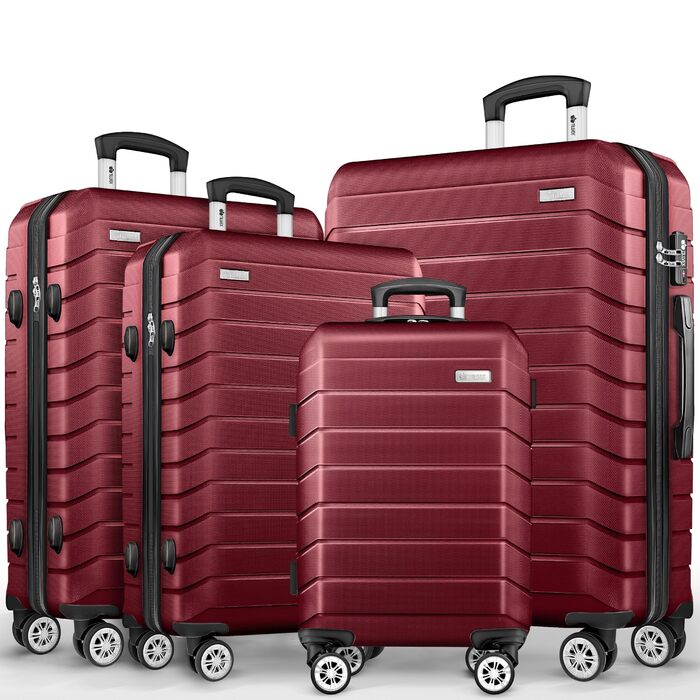 Набір валіз Tillvex® 4 шт. + ваги для багажу, 8 ременів для багажу & 4 брелоки | Валізи на 4 колесах | Роликовий багаж з замком TSA | Валізи з твердим корпусом S-M-L-XL Червоний | Набір валіз 4 шт.