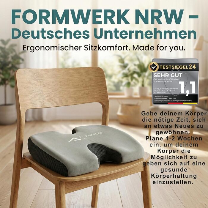 Ортопедична подушка для сидіння Formwerk NRW - преміум якість, 3D Memory Foam, для офісу та авто, OEKO-TEX-100 (60-100 кг), сіра