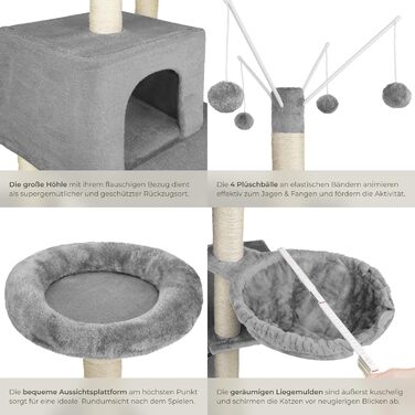 Тектейк® XXL Дерево для котів велике, з аксесуарами: лежанки, гамак, будиночок, іграшки, мотузка з сизалю, стійка для дряпання, висота 165 см, сірий | 402931