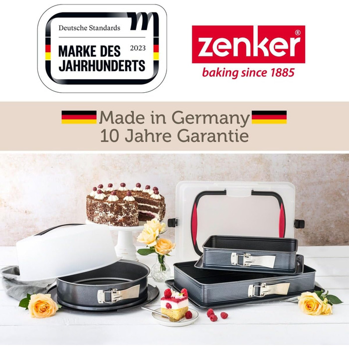 Zenker Rectangular Springform Pan with Lid DELUXE, Cake Transport Box with Enamel Base, Baking Sheet with Lid (Color: Black/Transparent/Red), Quantity: 1 Piece