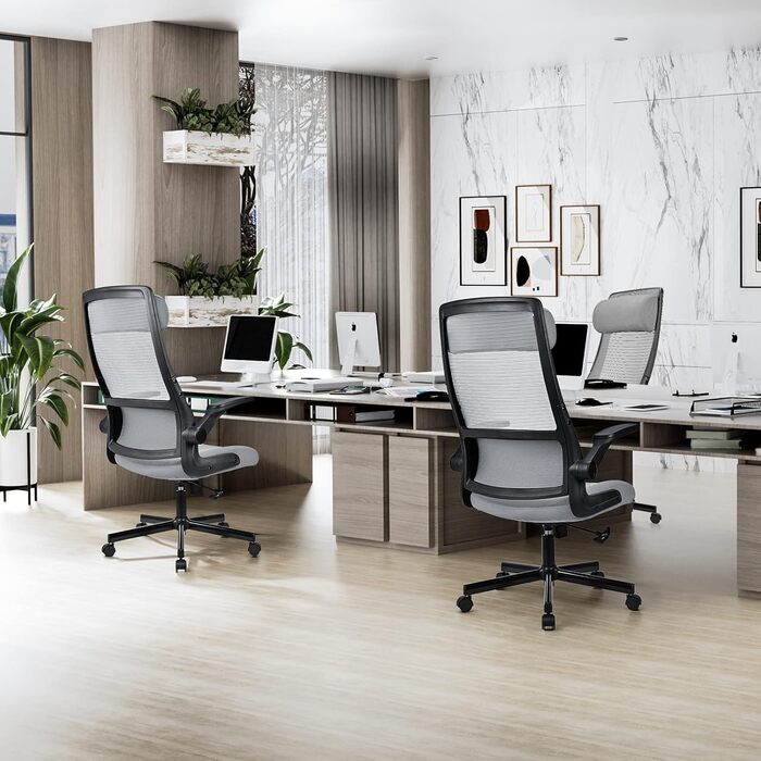 Ергономічне крісло для офісу з регульованою підголовником, сітчасте крісло для робочого столу, відкидні підлокітники, широке сидіння, функція гойдання, комп'ютерне крісло EN 1335, офісне крісло 200 кг, сіре та чорне