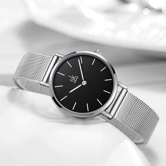 SK Ультратонкі мініатюрні жіночі годинники з двома стрілками. Елегантні годинники для жінок з шкіряним ремінцем (срібляста сітка)