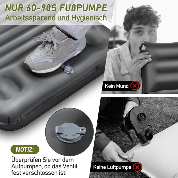 JEMULICE Self-Inflating Sleeping Pad - 12cm Thick, Compact Camping Air Mattress with Foot Pump & Pillow, Ultralight Waterproof for Hiking & Outdoor Use - Grey