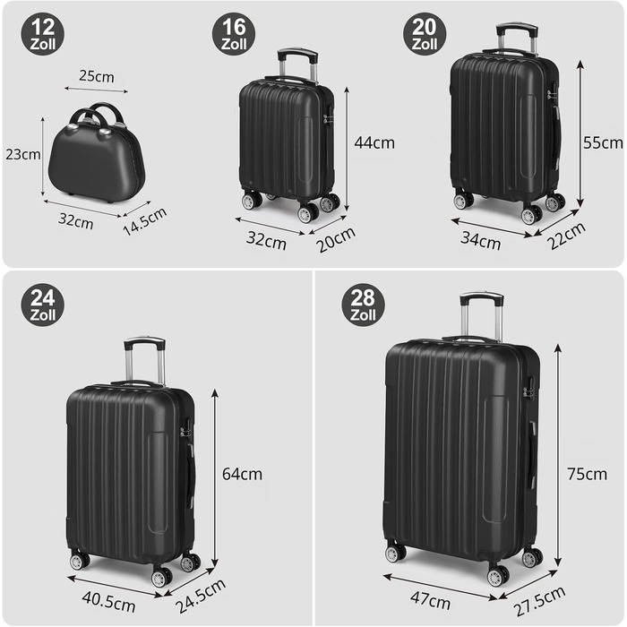 Набір валіз LALAHO 3/4/5 шт. з косметичками, чорний. Валізний набір з ABS-пластику, набір для подорожей, ручна поклажа.