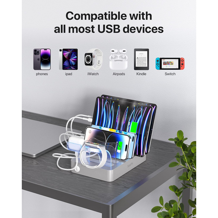 Зарядна станція SooPii USB, 6 портів 50W, з кабелями та тримачем для iWatch, біла (срібло)