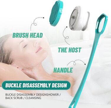 Electric Shower Brush, Body Brush Electric Back Scrubber with Long Handle, Back Brush Shower Massage Brush with 6 Cleaning Heads, Bath Brush for Spa Shower Peeling Massage Brush (Blue)